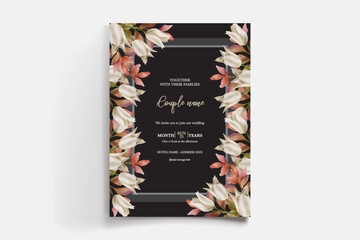 Obraz premium WEDDING INVITATION FRAME WITH FLOWER DECORATIONS AND FRESH LEAVES