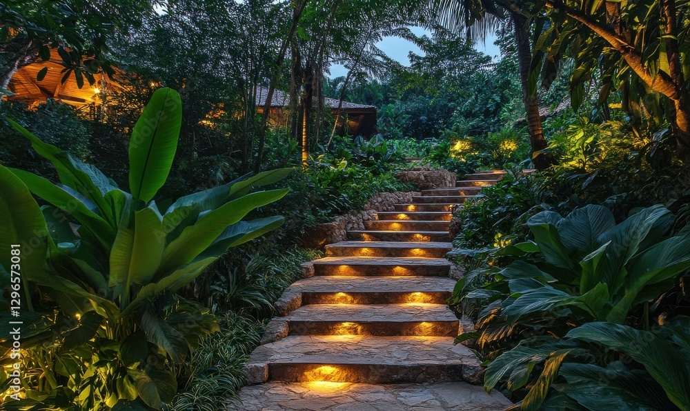 Poster rustic stone staircase surrounded by lush greenery, softly illuminated to create a serene and inviti