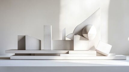 Abstract sculpted architectural model, indoor, bright light, design inspiration, showcasing form and volume