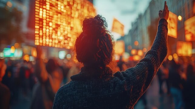 A protest for human rights using holographic banners and global support through digital connections, Social justice, Digital Art, Empowering and dynamic
