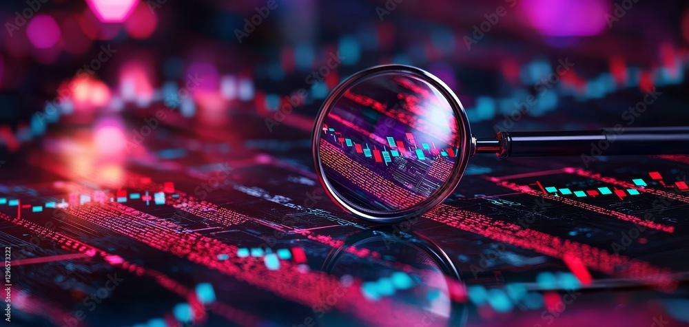 Poster a magnifying glass rests on a vibrant, colorful data visualization, highlighting intricate patterns 
