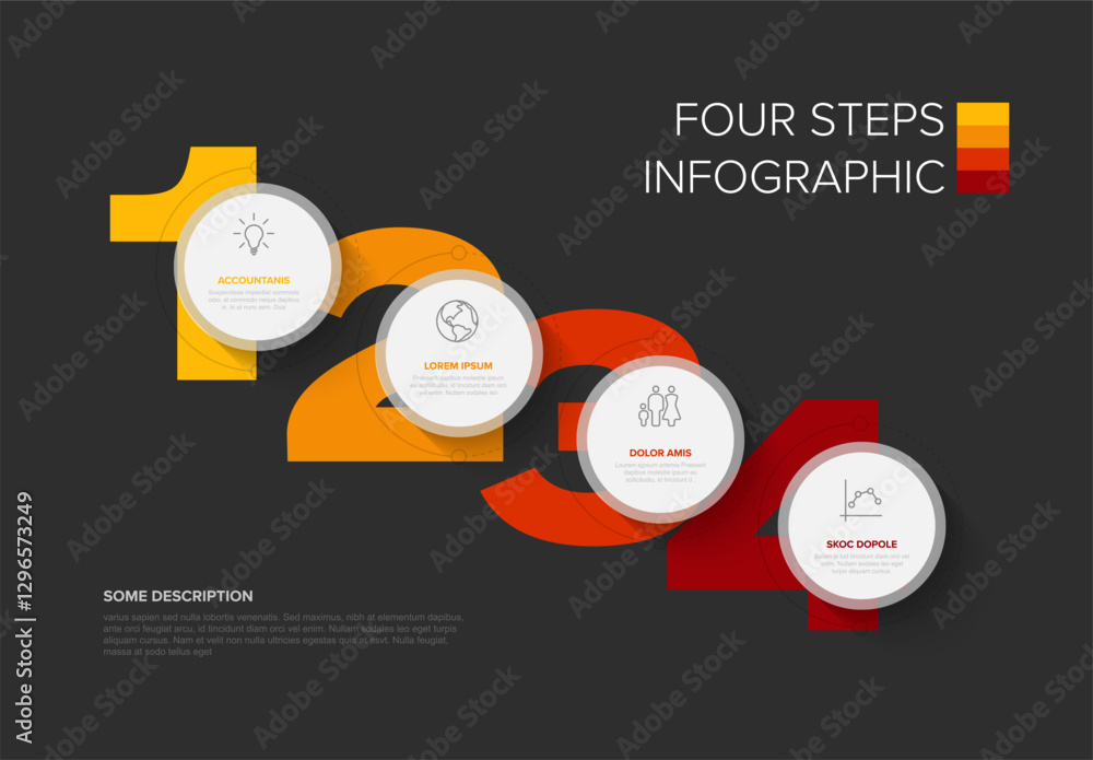 Poster a dark four-step circular diagonal infographic displays numbers and icons, highlighting accountancy 