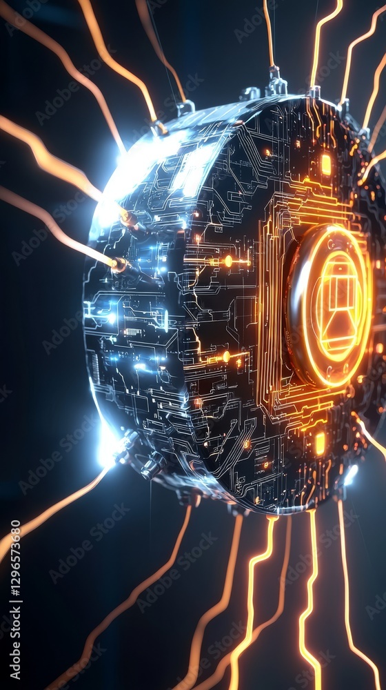 Poster futuristic sphere with glowing circuits digital realm 3d render sci-fi close-up view technology conc