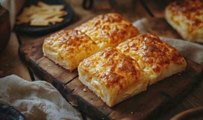 Rustic wooden board with a plate of freshly baked cheese pastries, soft natural light emphasizing their golden textures and inviting warmth