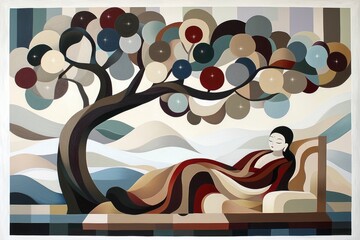 Serene Slumber Under a Stylized Tree A Peaceful Meditation Scene