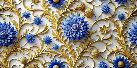 Luxurious 3D Wallpaper: Gold Filigree & Blue Cornflowers on White Relief