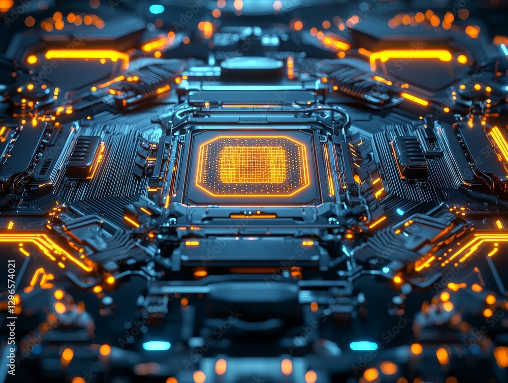Poster futuristic high tech circuit board design digital realm image perspective illuminated environment ad