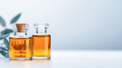 Elegant glass bottles filled with golden oil are displayed against a soft background, ideal for promoting wellness products, culinary uses, or spa services, Perfect for health and lifestyle blogs,