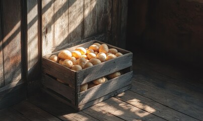 Rustic wooden crate filled with freshly harvested potatoes illuminated by natural sunlight, evoking simplicity and abundance in a countryside harvest