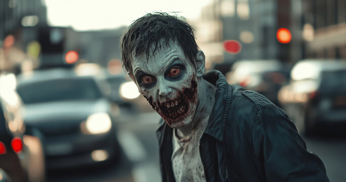A terrifying zombie roams a busy city street, its grotesque features highlighted against a blurred backdrop of cars and buildings. The evening atmosphere intensifies the sense of chaos