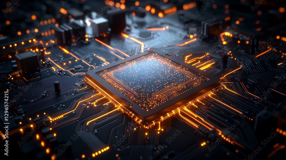 Poster illuminated central processing unit technology hub digital art futuristic environment close-up view 