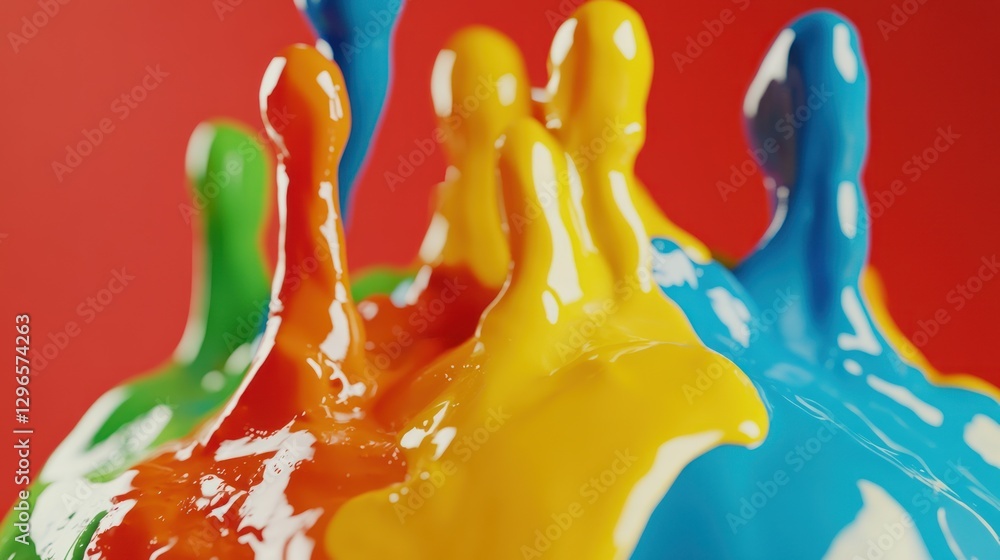 Poster colorful paint splashes on red background creates dynamic visual art