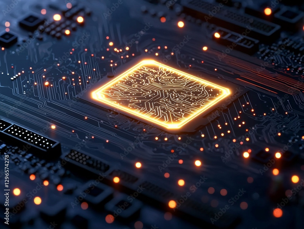 Poster illuminated microchip on circuit board technology workshop digital art close-up high-tech innovation