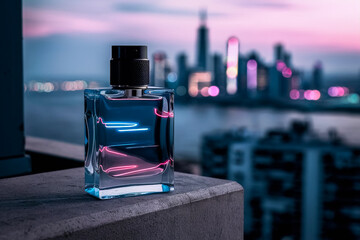 A sleek glass perfume bottle teeters on a high rise balcony gazing over a twilight kissed cityscape