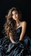 Naklejka premium A woman with long brown hair is sitting in a black dress