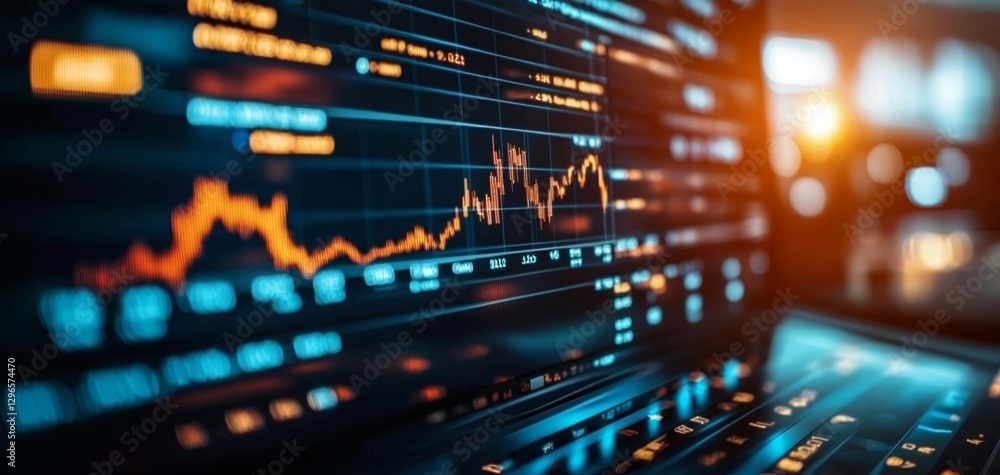 Poster a close-up view of a digital financial chart displaying stock market trends, with vibrant colors hig