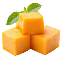 Freshly cut cheddar cheese cubes, vibrant orange cheese, garnished with a sprig of green, perfect for culinary presentations. Isolated on white background or PNG