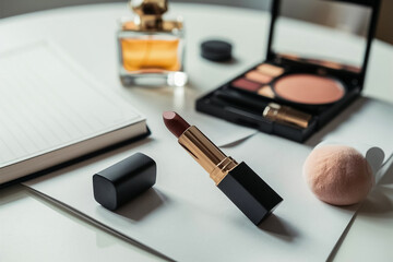 A bold lipstick in a deep berry shade sits on a dressing table