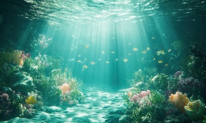 Obraz premium Lush underwater coral reef scene with vibrant fish swimming through turquoise water, sunlight beams penetrating the surface for a magical effect