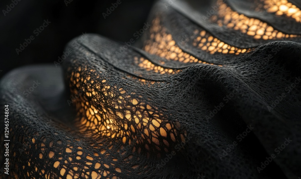 Poster luxurious black fabric with intricate textures illuminated by soft light, creating an elegant and mo