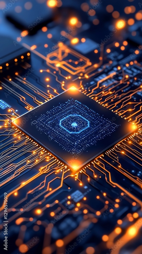 Poster illuminated microchip circuit board high-tech laboratory macro photography dark environment close-up