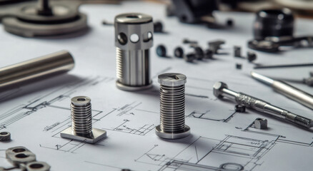 An assortment of stainless steel pins and ferrules is meticulously arranged on an engineering blueprint. The tools and details highlight the intricate work involved in precision machining