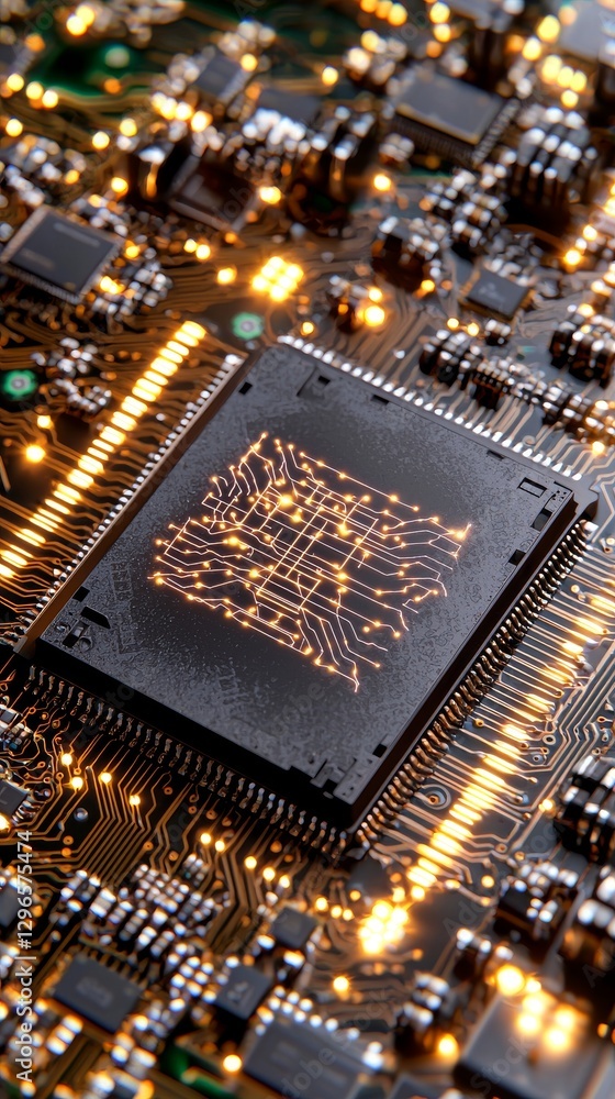 Poster illuminated microchip circuit board development laboratory technology digital environment close-up i