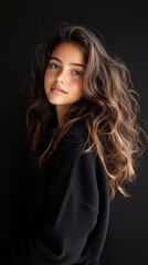 Fototapeta premium A woman with long brown hair is standing in front of a black background