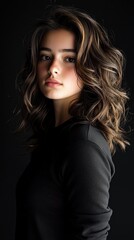 Fototapeta premium A woman with long brown hair is standing in front of a black background