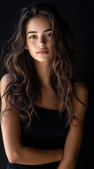 Naklejka premium A woman with long brown hair is standing in front of a black background