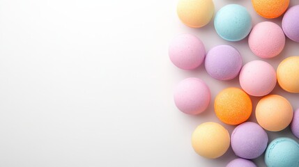 Obraz premium Colorful bath bombs arranged on a white background, perfect for wellness and beauty marketing materials, spa websites, or social media promotions related to relaxation and self-care,