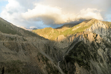 Beautiful Himalayan mountain landscape view of Baltal on Zoji La Pass with Sindh River in the...