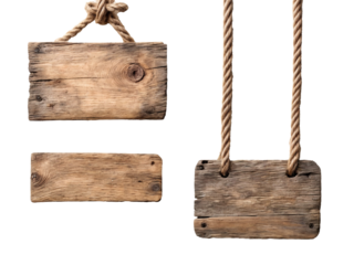 three wooden signs with thick and rustic rope. for mockup. png, isolated, transpatent  background