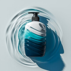 A hand wash bottle captured from a low angle perspective for product mockup