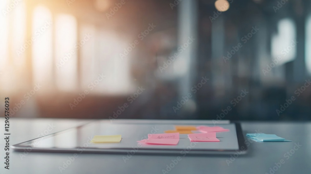 Poster creative close-up of tablet and stylus on coworking table with colorful notes in frame offering spac