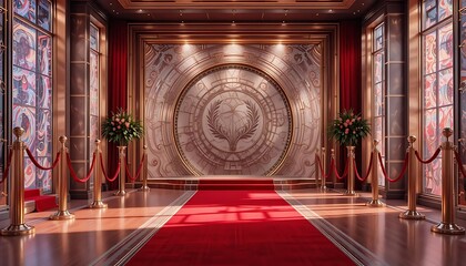 Obraz premium Elegant Red Carpet Entrance with Decorative Walls and Flower Arrangements in Luxurious Hallway Setting