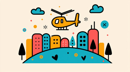 Obraz premium Transportation, A stylized illustration of a helicopter hovering over a city skyline, perfect for high-fidelity visual projects.