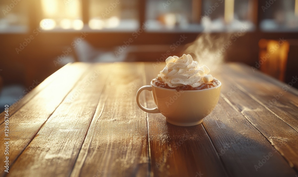 Poster rustic wooden table with a steaming cup of hot cocoa topped with whipped cream and marshmallows, sof