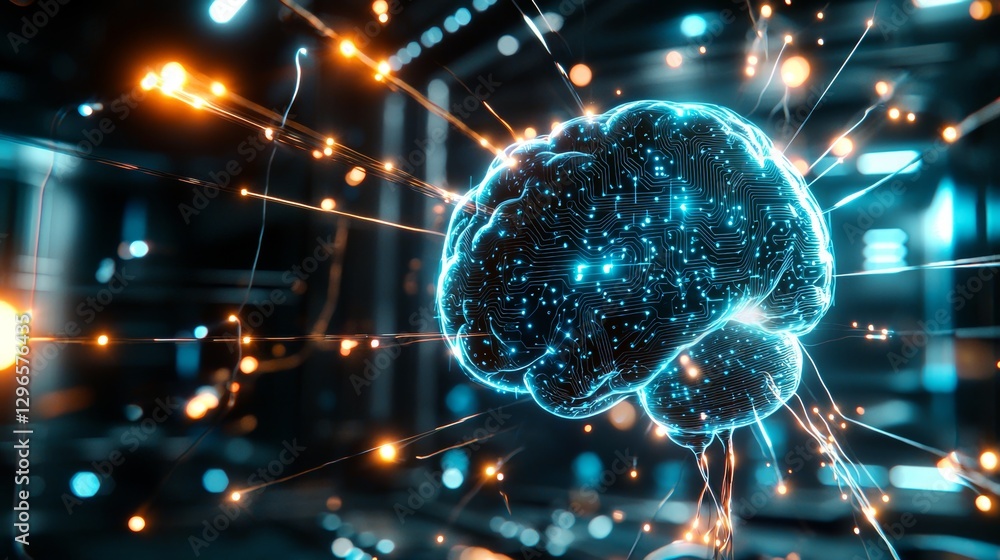Poster futuristic digital brain network technological hub 3d visualization sci-fi environment close-up neur