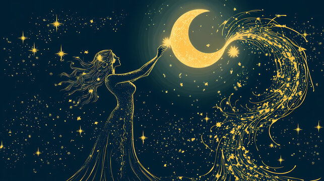 Wicca themed background illustration of moon goddess performing a ritual with ishtar star elements. Ethereal Star Goddess. Illustration