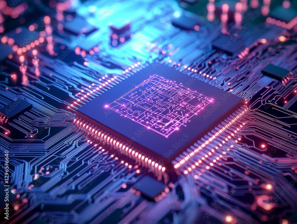 Poster high-tech microchip circuit board showcase digital lab visual art neon glow close-up advanced techno