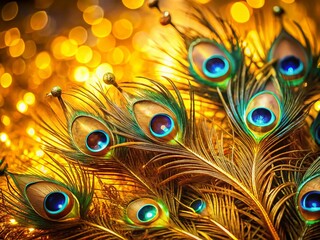Obraz premium Luxurious Golden Peacock Feathers on Gold Background - Stock Photo