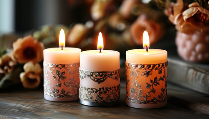 Candles of different colors with a golden pattern, arranged on a wooden surface. The background is blurred with autumn flowers and leaves, which gives the composition a cozy and warm look.