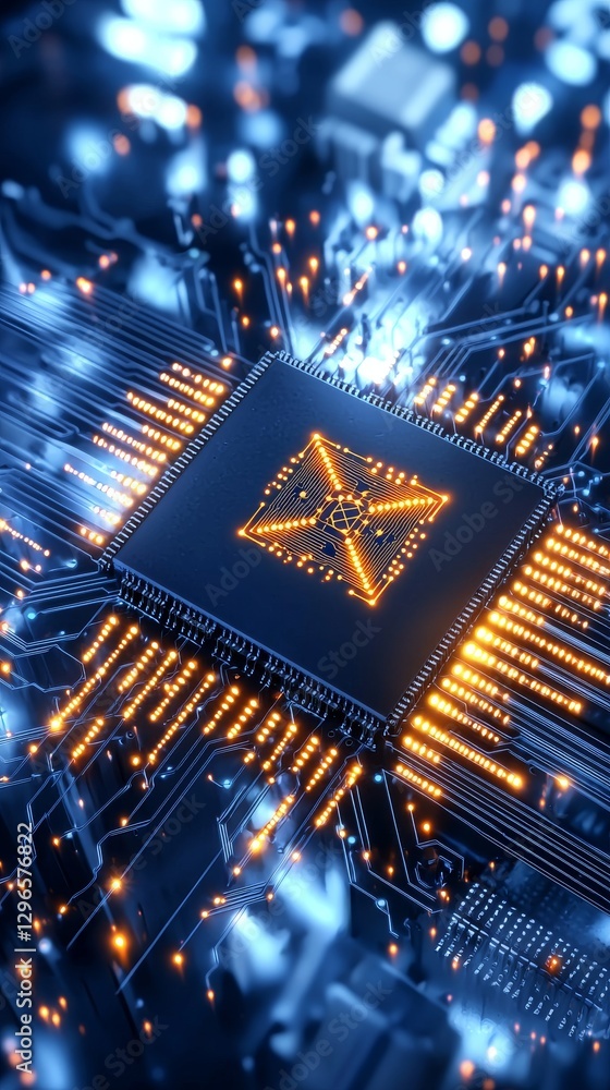 Poster illuminated microchip circuit board technology studio digital art futuristic environment close-up vi