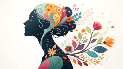 An illustration of a woman&rsquo;s face surrounded by blooming flowers