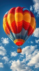 Fototapeta premium Colorful hot air balloon soaring, blue sky, clouds, travel