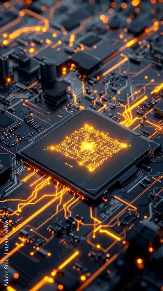 Poster illuminated microchip circuit board advanced technology close-up futuristic environment digital art