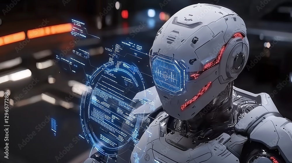Poster futuristic robot with advanced hud sci-fi laboratory digital art high-tech environment close-up view