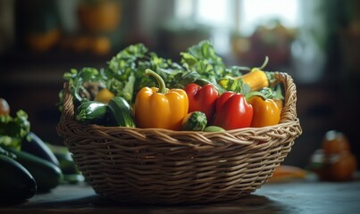 Rustic woven basket filled with assorted fresh vegetables including bell peppers and zucchinis, soft natural light emphasizing their vibrant tones and farm-fresh appeal