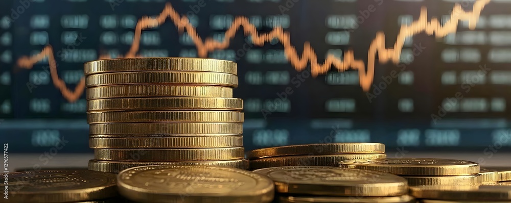 Poster golden coins are stacked in front of a stock graph